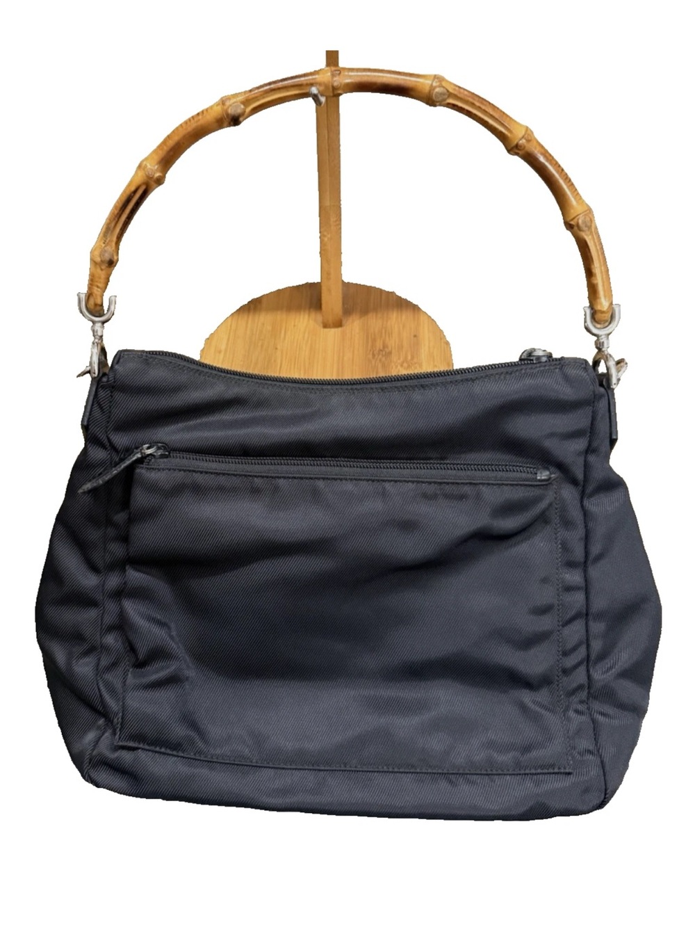 Vintage Gucci Black Shoulder Bag Bamboo Top Handle Zip Closure Silver Hardware